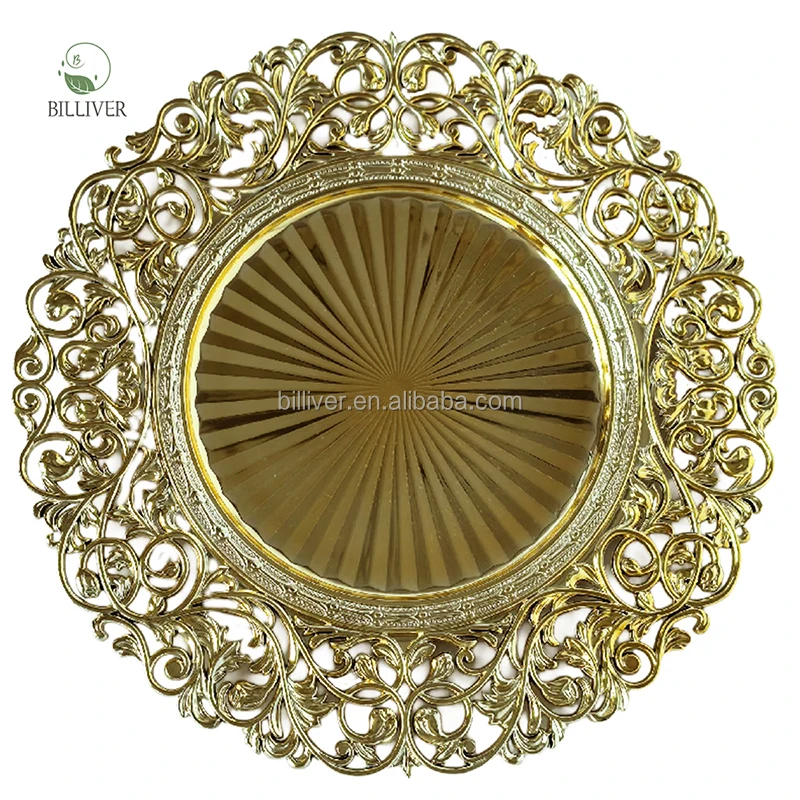 Round Wholesale Clear Glass Acrylic Gold Beaded Charger Plates Wedding Decoration For Party Dinner dishes & plates