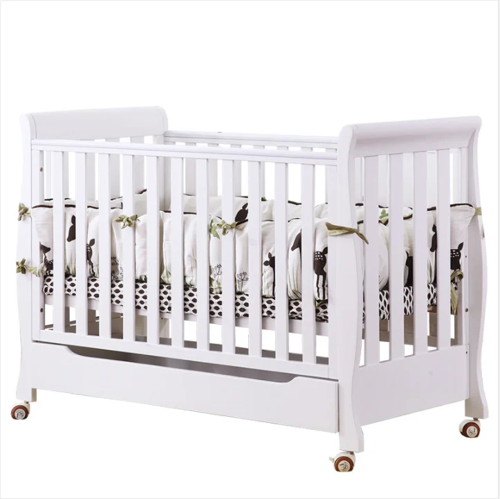 European style solid wood baby crib height adjustable children sleigh bed
