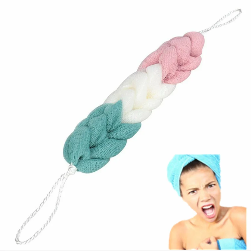 Free Shipping Rope Handles Sponge Exfoliating Body Scrub Stretch Braided Loofah Bath Shower Mesh