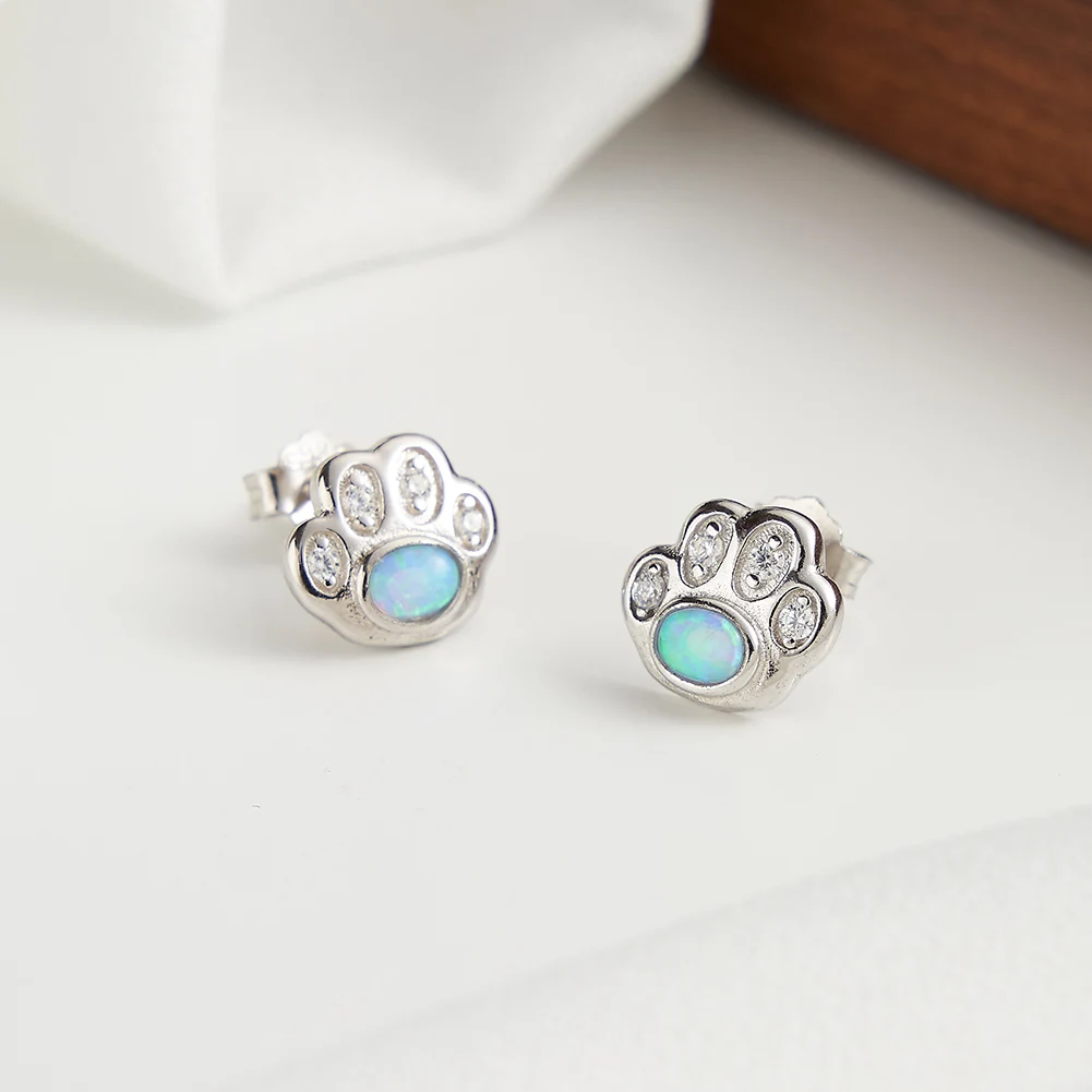 RINNTIN SE402 925 Sterling Silver Opal Zirconia Pet Paw Stud Earrings Cat Dog Earrings White Gold Plated Fine Jewelry