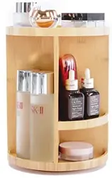 Multi-Function Storage 360 Degree Bamboo Cosmetic Jewelry Display 3 layer Desk Makeup Rotating Wooden Bathroom Organizer