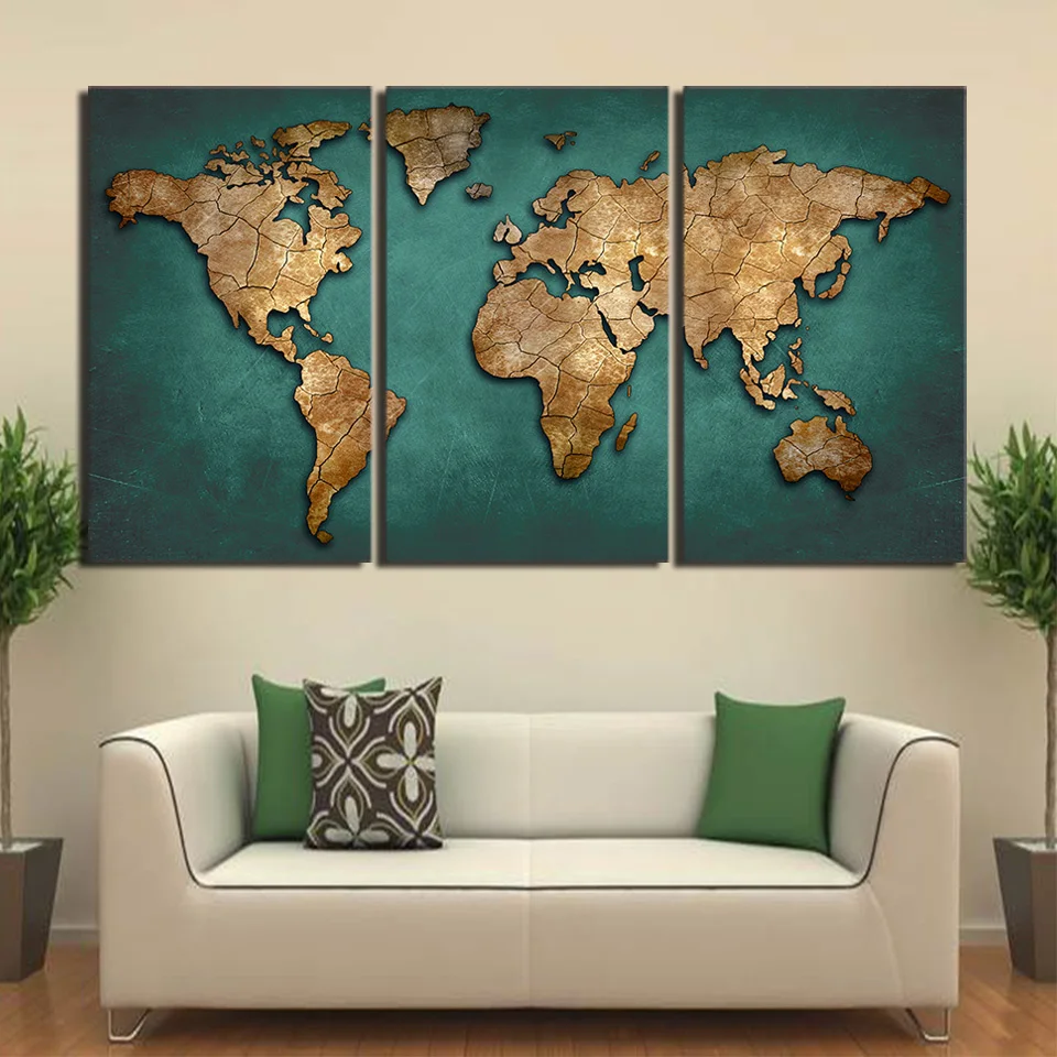 Canvas Prints Paintings Wall Art Framework Continent Pictures Fashion Vintage  3 Pieces World Map Posters Living Room Home Decor