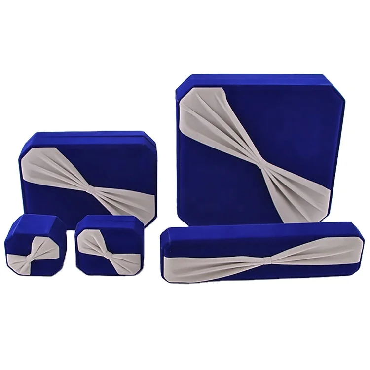 Square Octagonal Pendant Box Luxury Blue Ring Packaging Big Bowknot Jewelry Set Case Velvet Jewelry Set Box