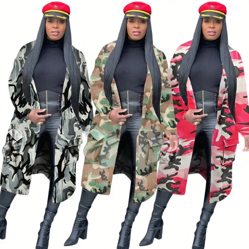2023 women winter coat streetwear fashion long trench outerwear long trendy camo trench  jacket