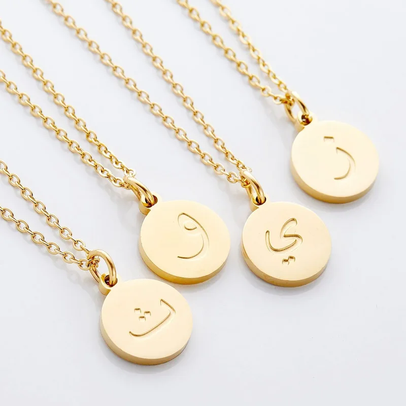 Custom Engraving Arabic Initial Coin Pendant Necklace Stainless Steel 18k PVD Gold Plated Arabic Alphabet Letter Necklace Women