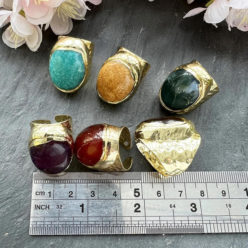 Unisex Jewelry Green Chalcedony Fashion Ring Red Agate Natural Amethyst Tigers Eye Gold Plated Wholesale Band Rings Adjustable