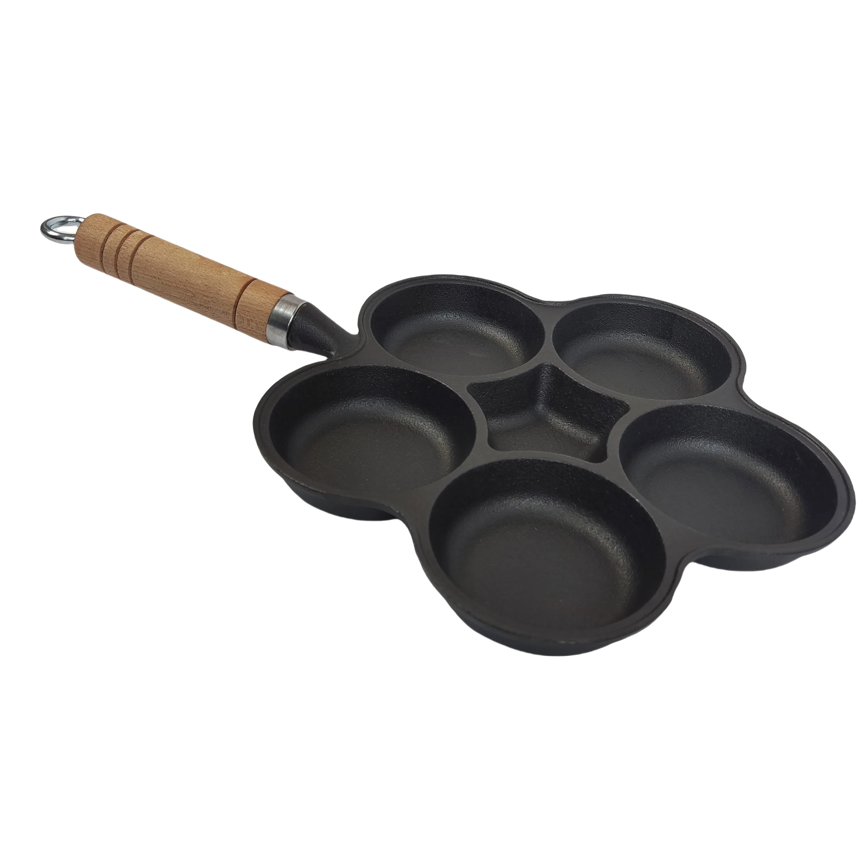 Cast Iron Waffle Baking Pan 5 Holes Egg Non Stick Frying Pan Cast Iron Skillet Pot With Removable Wooden Handle