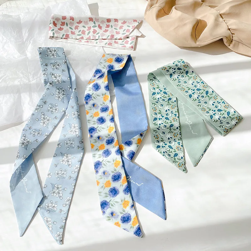 Latest Hair Accessories Hair Tie French Silk Scarf  Women Floral Hair Ribbon