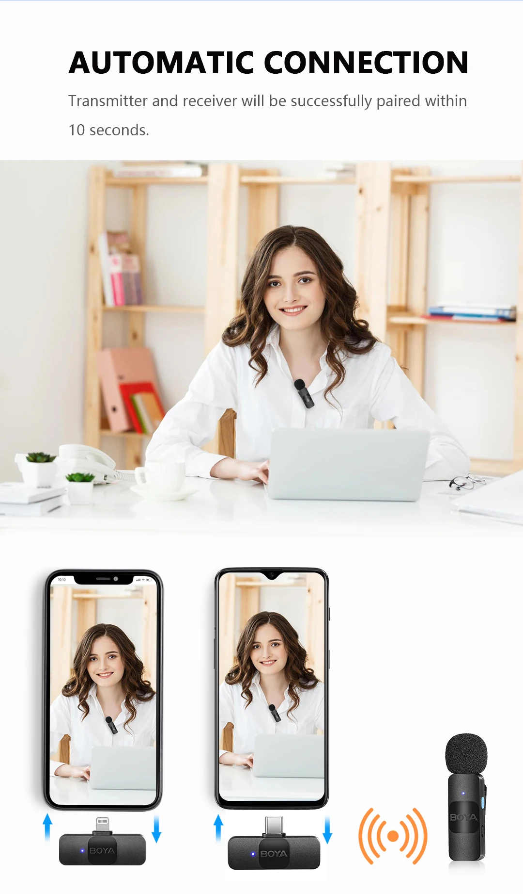 BOYA BY-V2 Video Recording Interview Live Streaming Cancellation Omnidirectional Wireless Lavalier Microphone for iPhone iPad