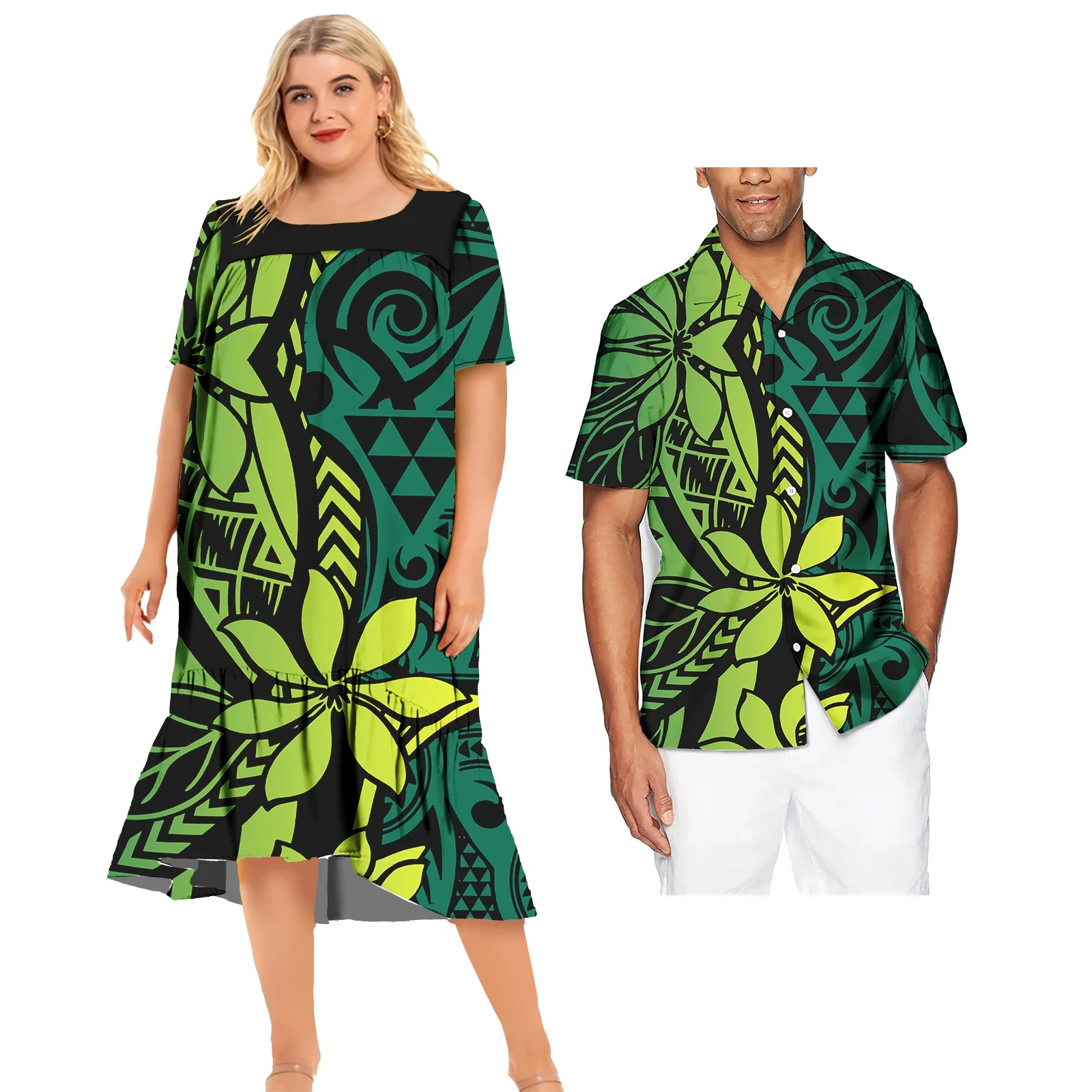 Hawaii polynesian Off Shoulder Long Dress And Shirt Design Women Dresses with Men Hawaiian Shirts Wholesale 2 Set Clothes