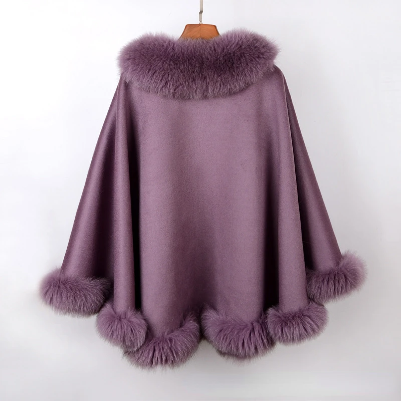 MWFur Fashion Wholesale Double-sided Cashmere Loose Ponchos With Fox Fur Collar Winter Fox Fur Shawl Capes