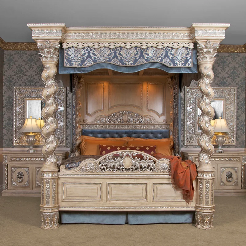 Antique Style Four Pillars Carving Large Luxury King Double Bed Bedroom Furniture Set Royal Palace Wood Pillars Bed