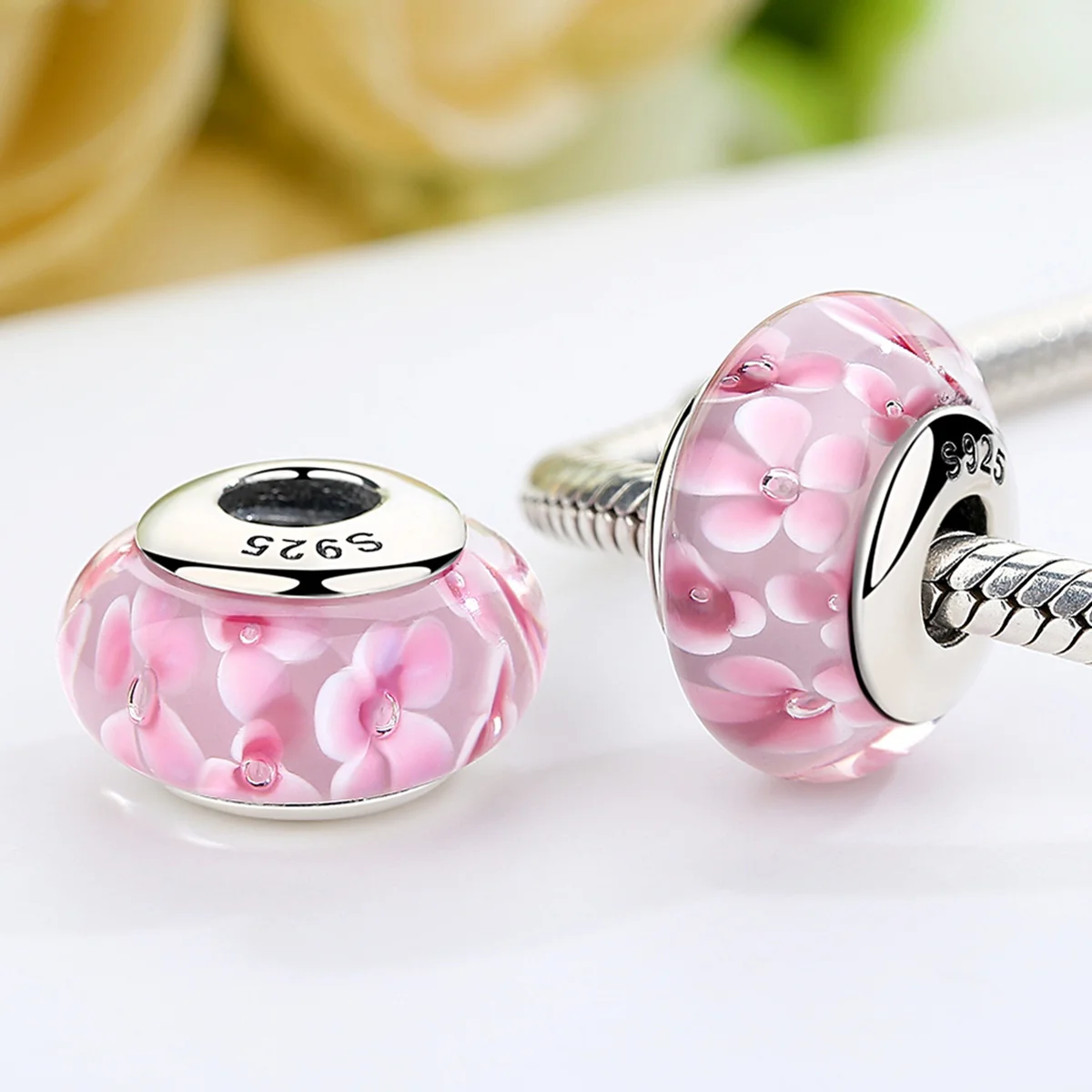 925 Sterling Silver Lovely Pink Flower European Murano Glass Beads Charms for DIY Bracelets Christmas DEAL SCZ008