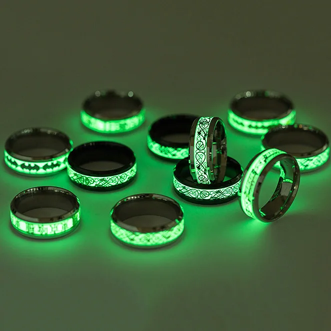 
Green Glow In The Dark Dragon Texture Male Silver Ring Polishing Stainless Steel Ring Man 