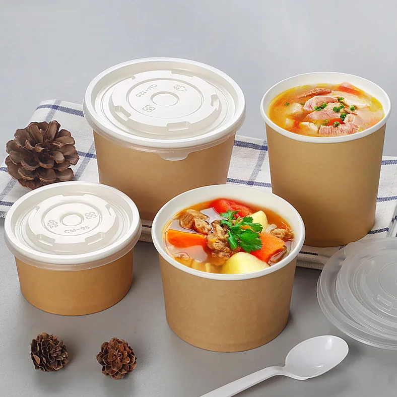 Disposable takeaway food packaging white paper soup packaging cup with lid