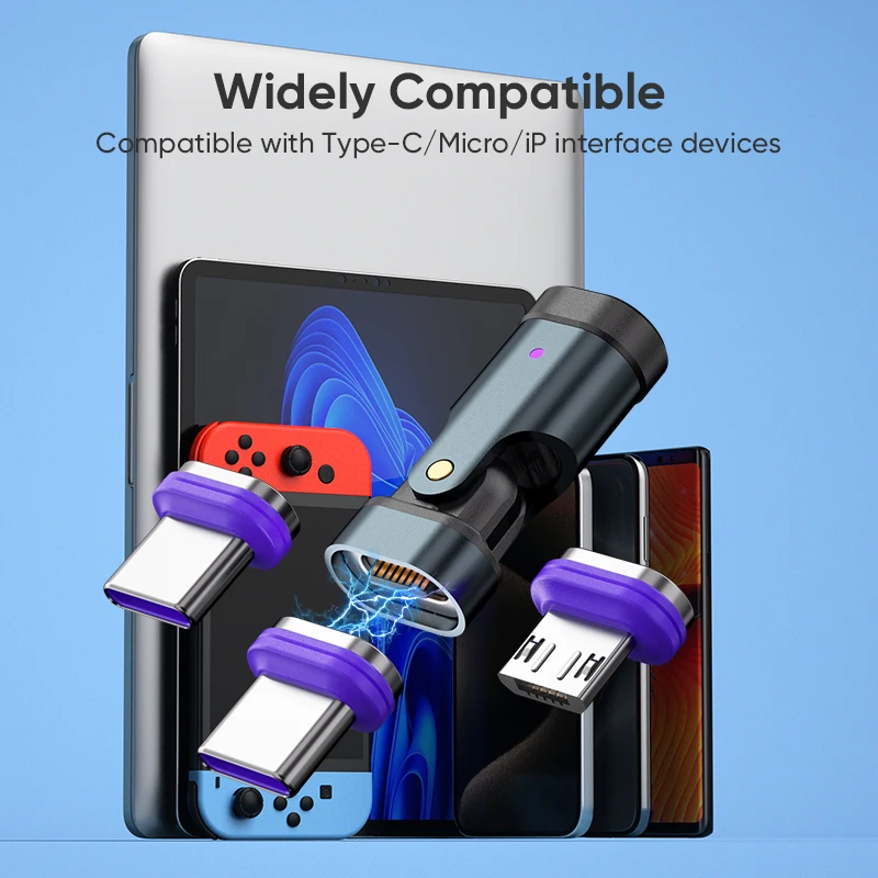 180 Degree Bending 3 Magnetic Tips Phone Laptop Type C (USB-C) Charger Adapter Converter
