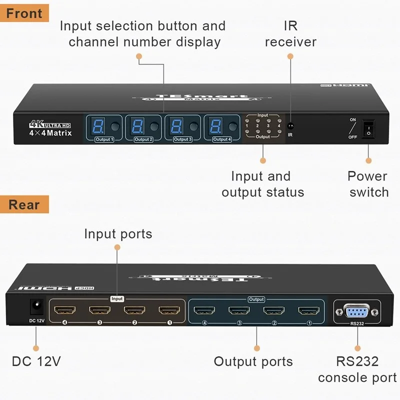 TESmart матричный HDMI коммутатор 4K HD 1080P поддержка 4-4 EDID разветвитель 4x4 4k30hz видеомаритрный селектор