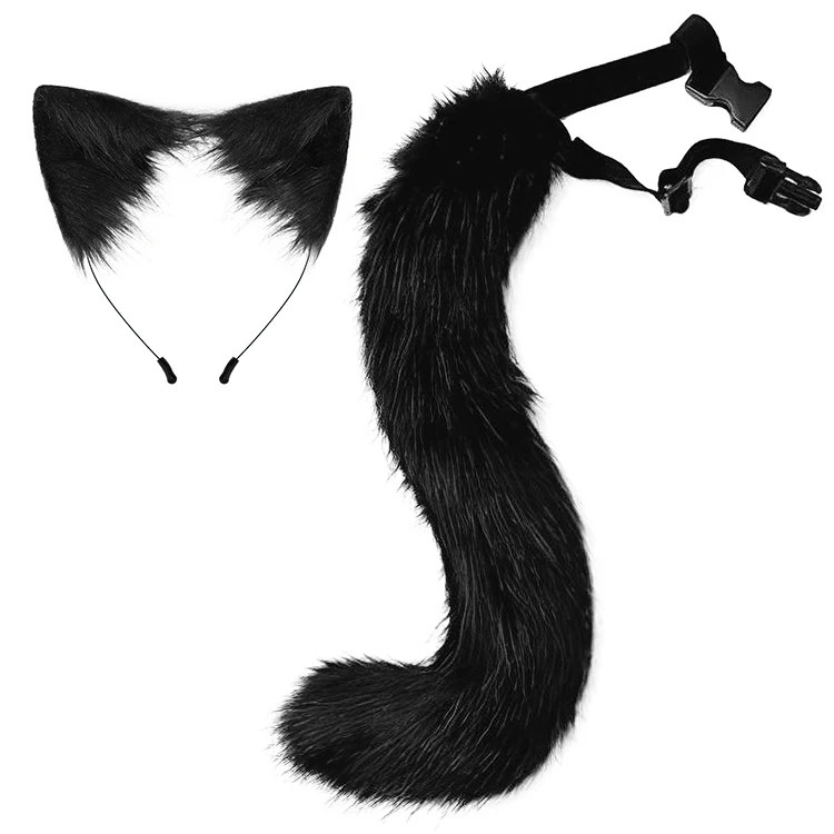 Hot Sale Halloween Masquerade Cosplay Party Faux Fur Fox Furry Tail Black Therian Tails Cat Ears and Tail Set