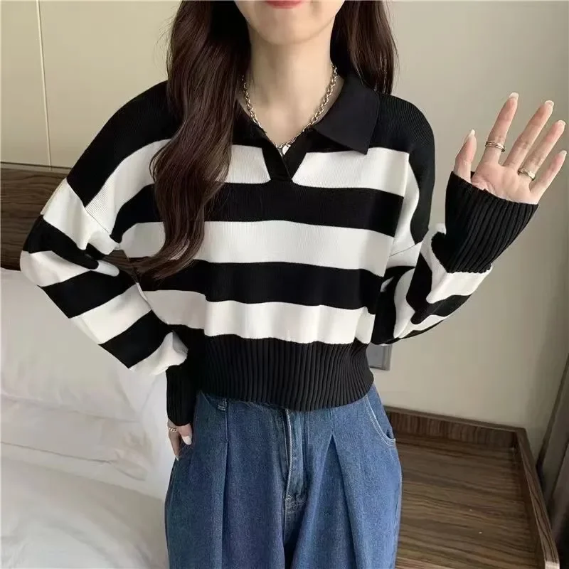 Lazy Stripe Contrast Polo Neck Sweater for Women Long Sleeved Knitwear Thin Knitted Bottom Top for Girls
