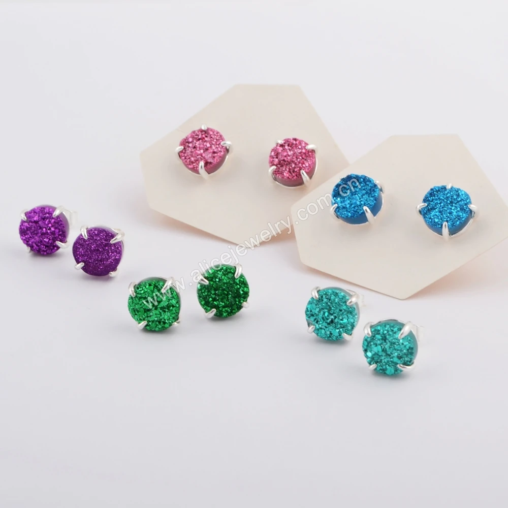 ZG0412 Prong setting 10mm round natural agate druzy stud earrings