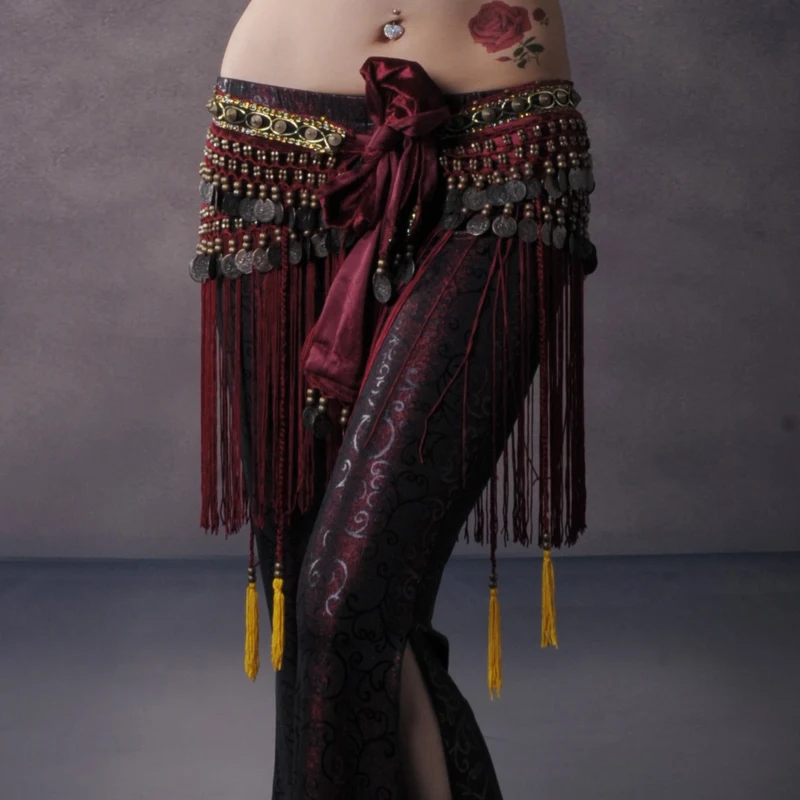 Женский ремень для выступлений, длинный шарф с золотыми монетами и кисточками