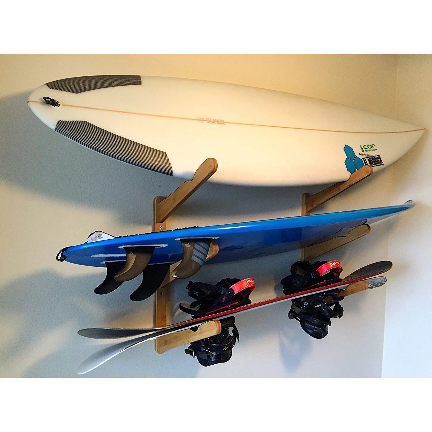 Wooden Surfboard Wall Mount for Surf Boards Snowboards Skateboards Kiteboards and Wakeboards Triple Tier Surf Board Display