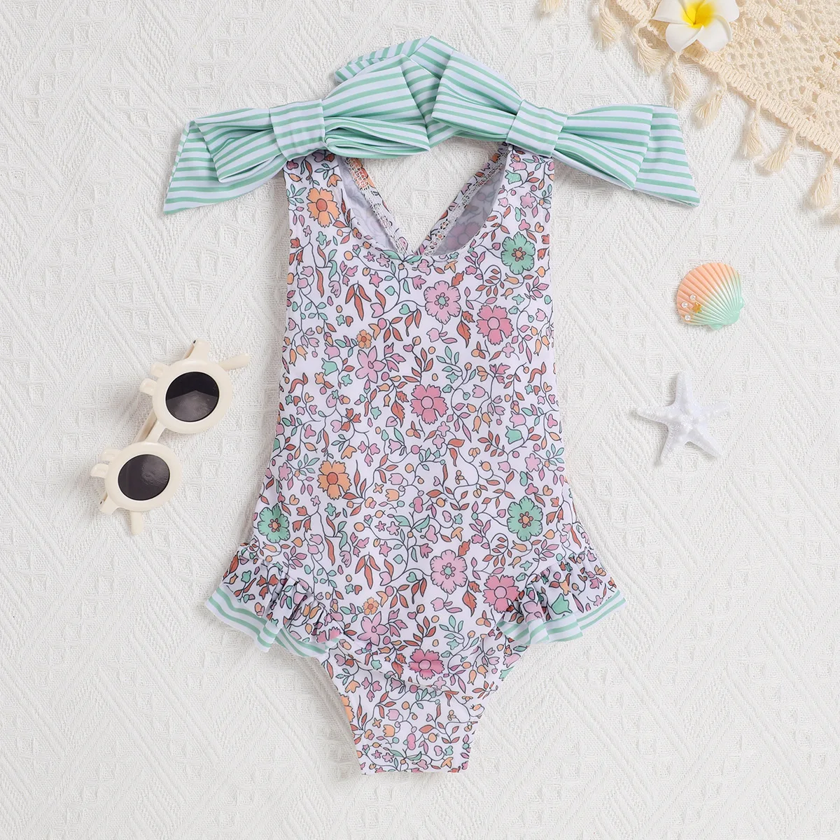 Wholesale New Playful Girl Floral Double Butterfly Knot Backless Cross Triangle Jumpsuit Swimwear
