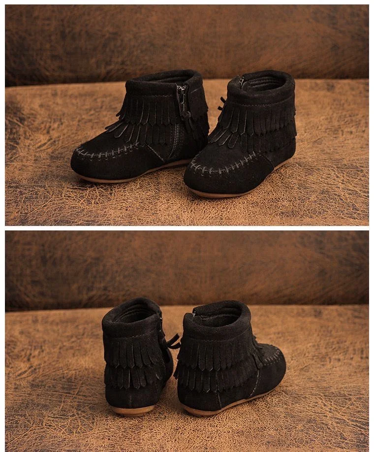 Side Zipper Anti Slippery TPR Hard Sole Kid Shoes Girl Boots Fashion Ankle Real Leather Casual boots  baby tassel leather boots
