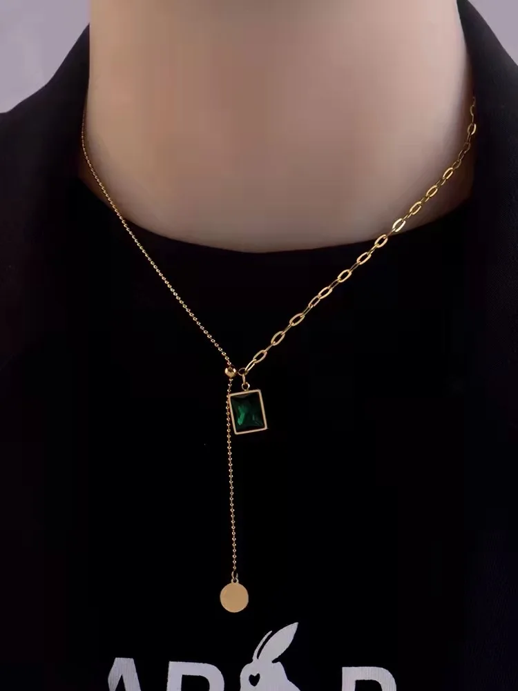 Fashion Jewelry for Women 18k Gold Plated Stainless Steel Chain Necklace Adjustable Rectangle Emerald Diamond Pendant Necklace