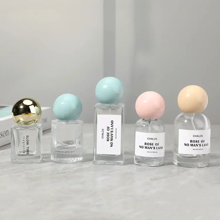 Customized label 30ml 50ml transparent color ball shape lid new man woman designer perfumes bottle