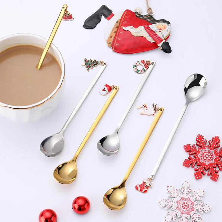Metal Golden Plated Christmas Spoon Set Mirror Polished Stainless Steel Coffee Tea Dessert Spoons and Forks Gift Set Flatware