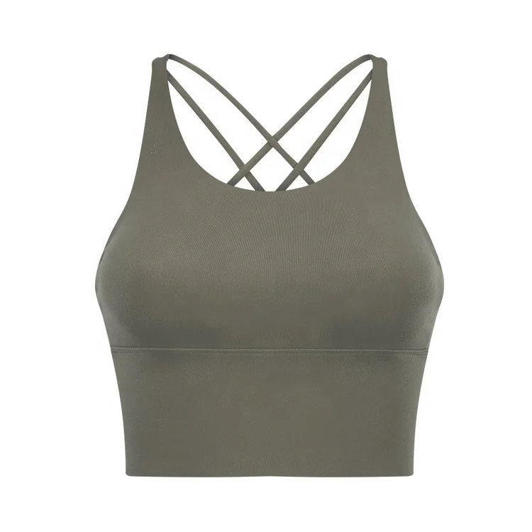 
Custom logo solid color crop top cross back women longline sports bra padded 