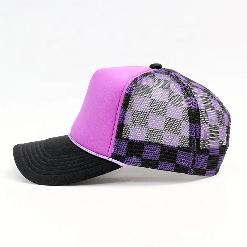 HN00015 panel women men custom logo plain blank sports baseball cap running hats mesh rope checkered trucker hat caps