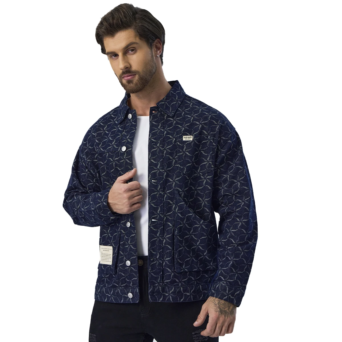 New Fashion Dark Blue Collar Down Plaid Boy Denim Fabric Shirt Jacket Wholesale Men Designer Long Sleeve Jean Jackets