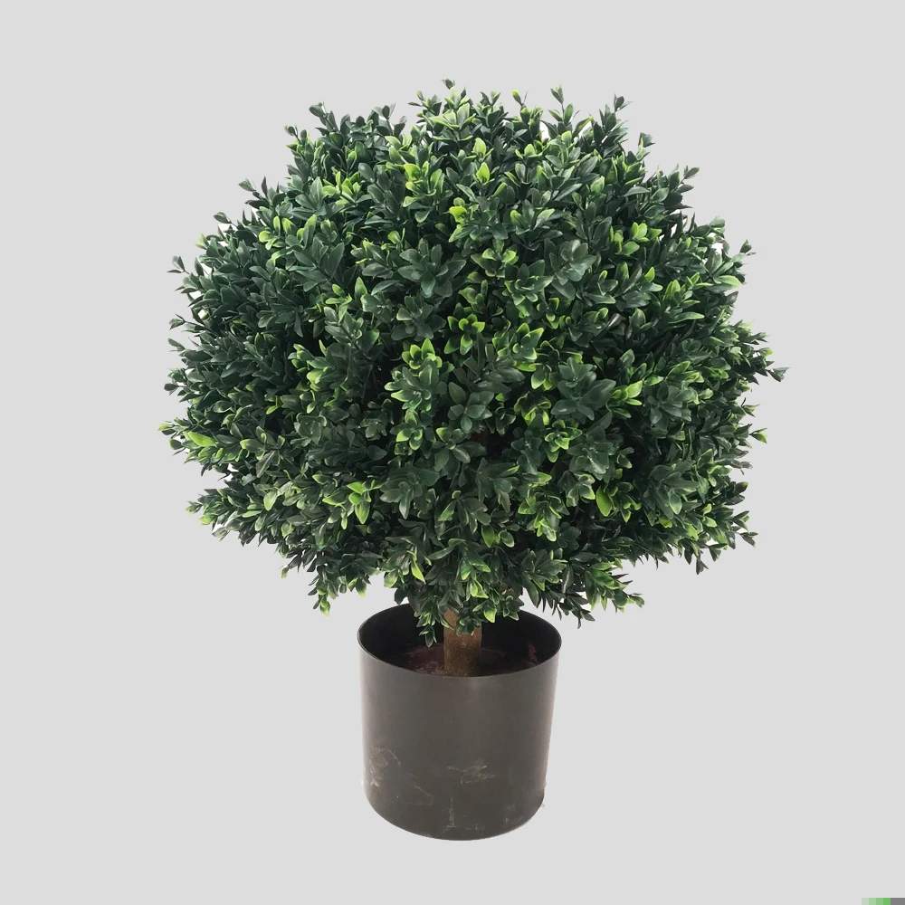artificial boxwood single ball topiary in wood truck with black plastic pot uv protected outdoor and indoor plant