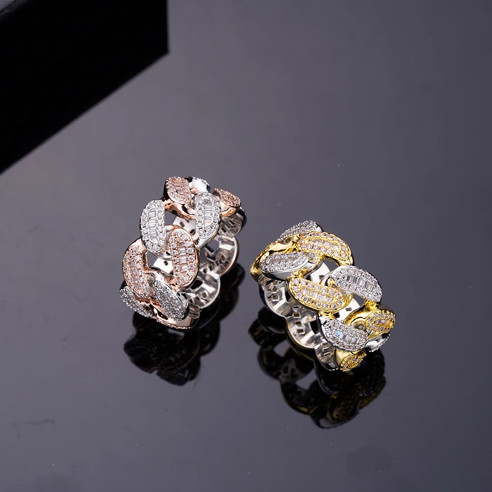 Fine Jewelry Hip Hop Cuban Chain Ring 10k Brass Gold Plated 925 Sterling Silver CZ Vvs Moissanite Diamond Band Ring For Men