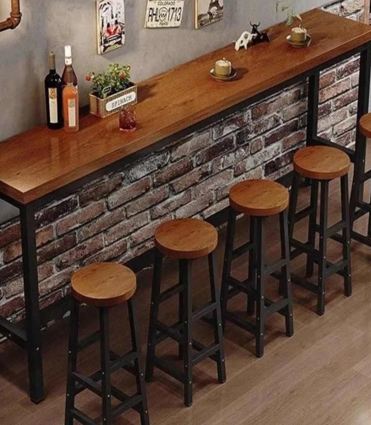 Milk tea store bar against the wall high narrow table long table and chair set