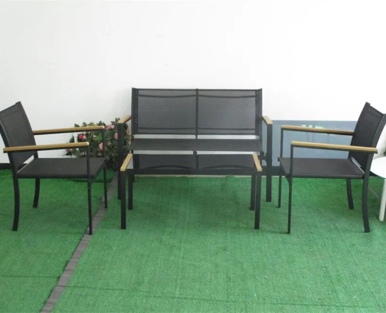 Новый дизайн популярные 4 шт. комплект Открытый металлическая садовая мебель пластик дерево подлокотник стол и стулья сталь с порошковым покрытием