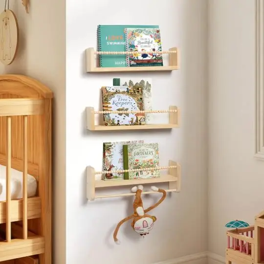 custom Nursery Floating Shelves for Wall, Set of 3 Book Shelves Natural Wood Wall Mounted Organizer with Towel Bar Bookshelves
