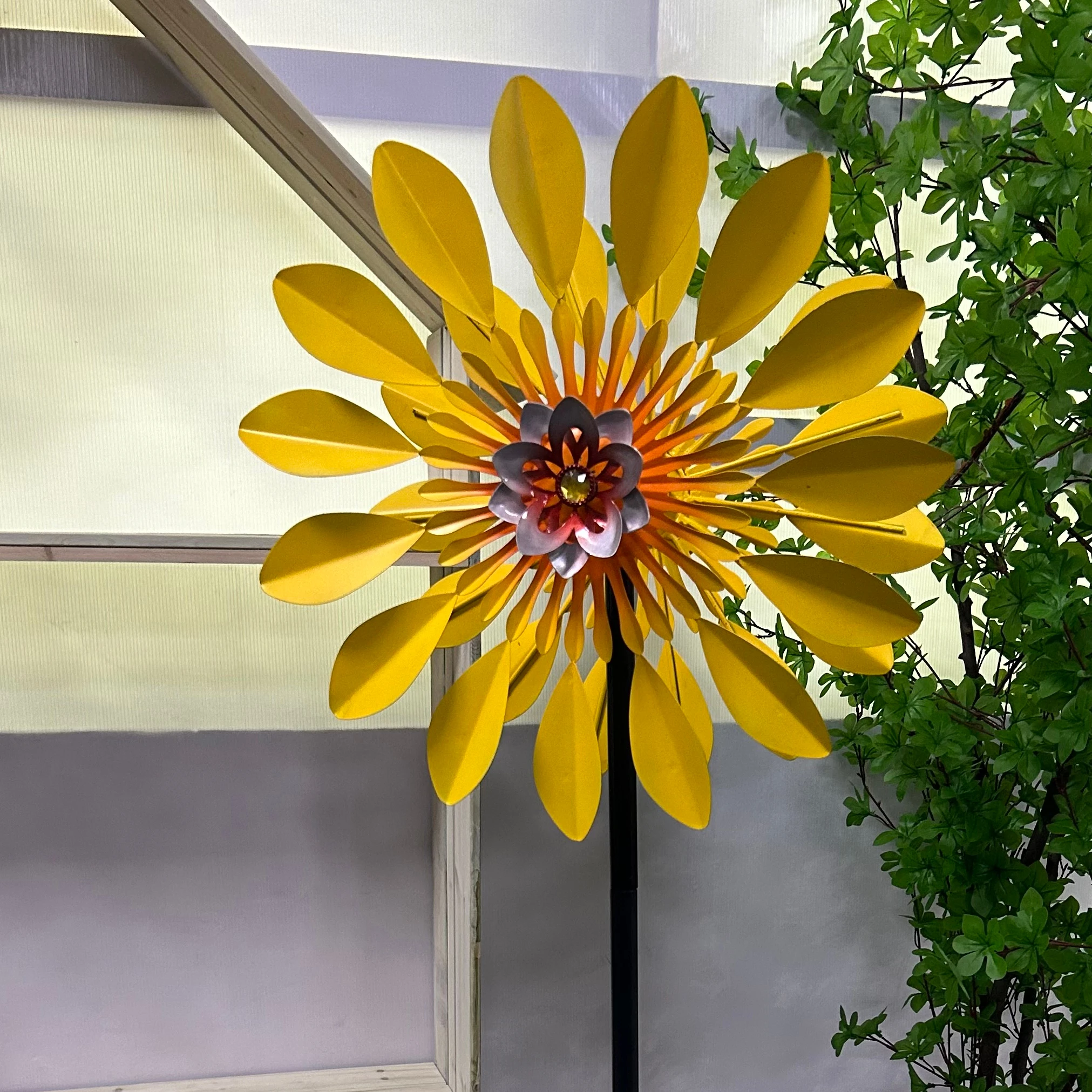 Waterproof Metal Colorful Flower Wind Spinner Stake Decor Garden Double Windmill Stake for Garden Decor