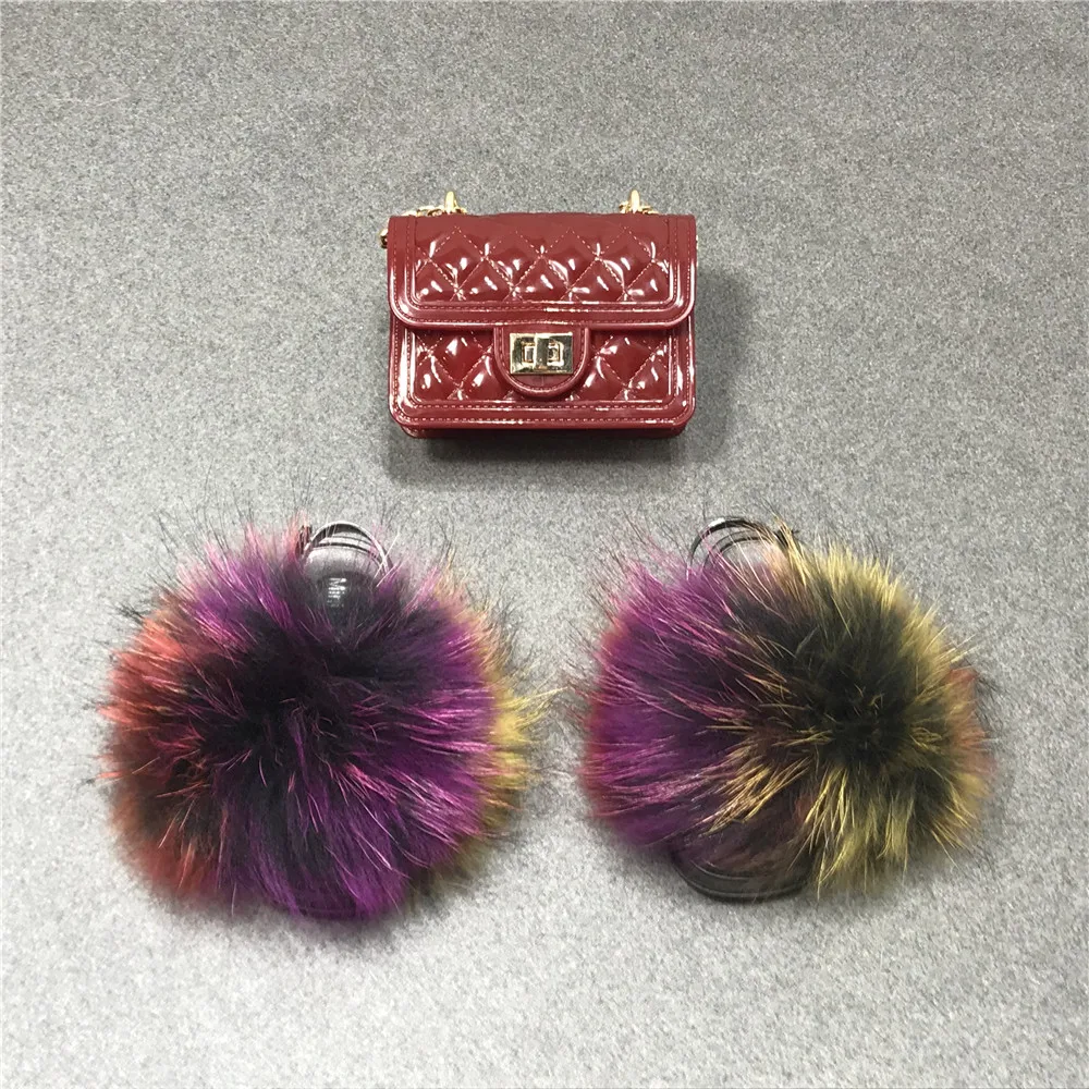 
Modern Cheap Slippers Girl Soft Sole Real Racoon Fur Sandals Kids Matching Jelly Purse And Fur Slides With Strap 