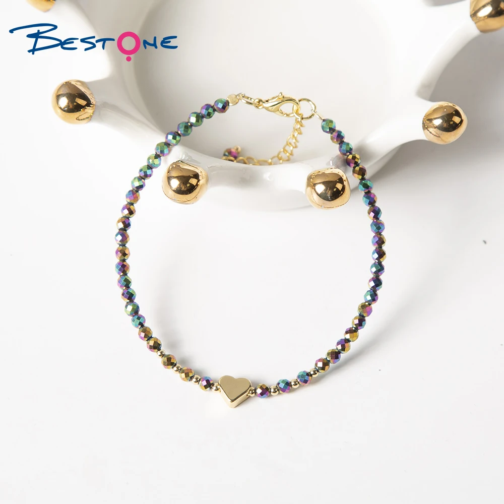 Bestone Small Natural Gemstone Beads Bracelet Gold Heart Charm Bracelet for Women Crystal Hematite Stone Beads Bracelet