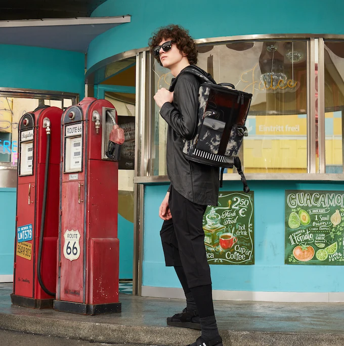 Own Label Frequent Flyer Semi Transparent Waterproof TPU Tie Dyed Denim Designer Backpack Wholesale For Men