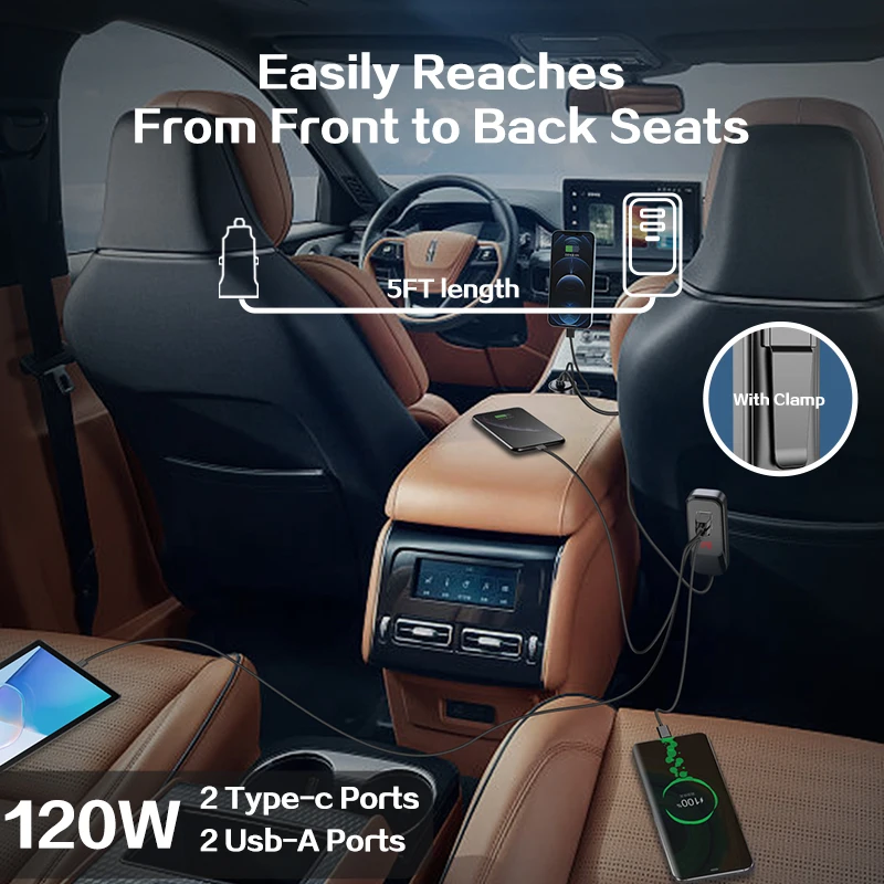 Multi USB Port PD 3.0 120W Car Charger Extension Cord 1.5M Cable For iPhone Rear Back Seat Clip Vehicle Quick 30W Car Adapter