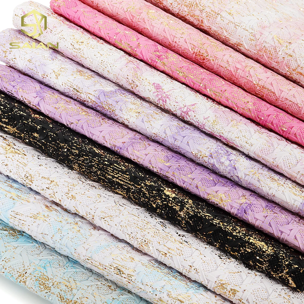 1.2MM Metallic Gold Foil Pattern Prints PVC Synthetic Leather Woven Textured Embossed Artificial Fabric Leather For Bags