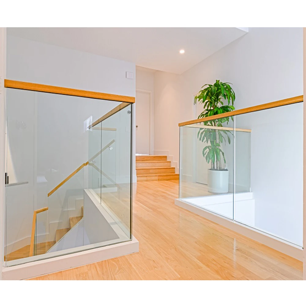 Framed Aluminum U Profile Tempered Glass Railing with Wood Top Handrail for Balcony Stairs