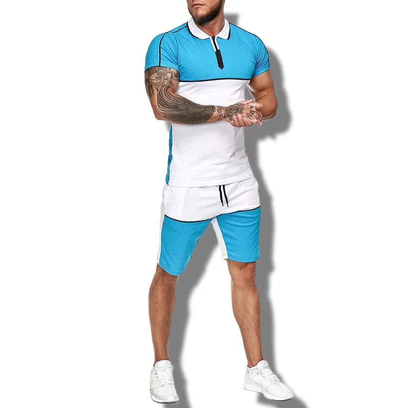 Hellosport Summer Plus Size Streetwear Patchwork Short Joggers Tracksuit Suits Two Piece Shirt And Shorts Sets For Men