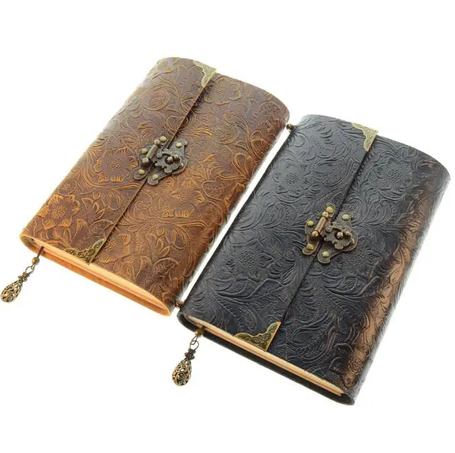 
High Quality Old Fashion Museum Gifts Carving Soft Real Cow Leather Cover Refillable Notebook 