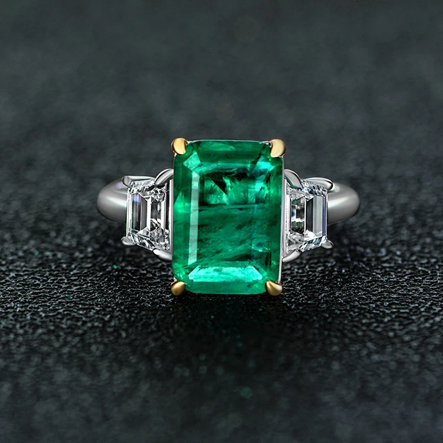 Green square emerald ring with side stones emerald engagement rings for women
