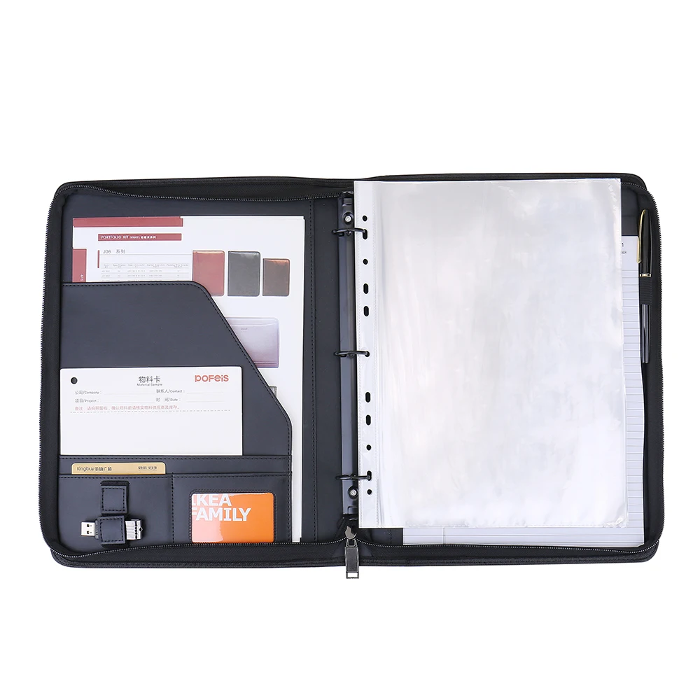 Customized Zip Round Pu Leather File Folder USB Date Line Storage 3 Binder Card Holder Document Portfolio File Folder